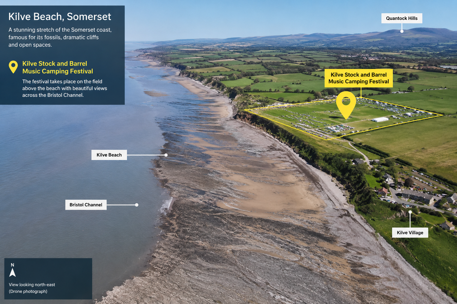 Aerial drone view of Kilve Beach, Somerset, pinpointing Kilve Stock and Barrel music festival site.