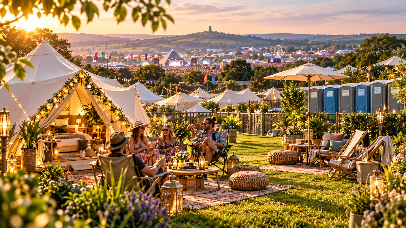 Portable toilets set up at a temporary Glastonbury campsite in a Somerset field